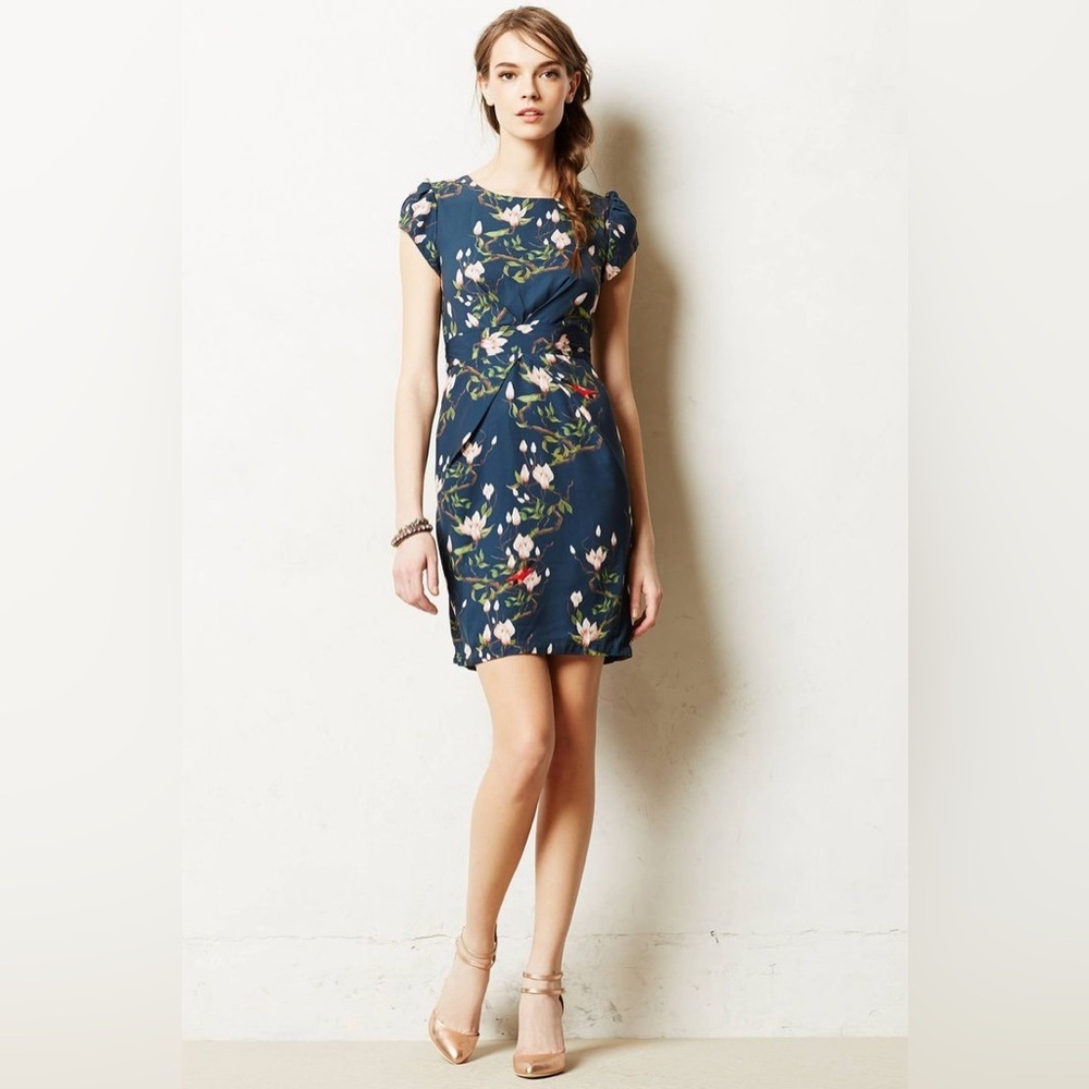 Darling floral midi dress, tulip cap sleeves, soft, silky, sash waist, sz S